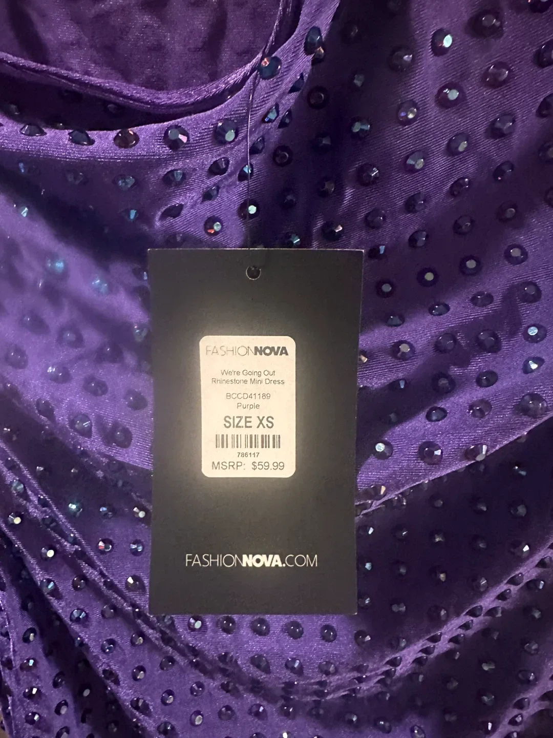 New Fashion Nova Going Out Rhinestone Dress XS Purple image indicator(2)