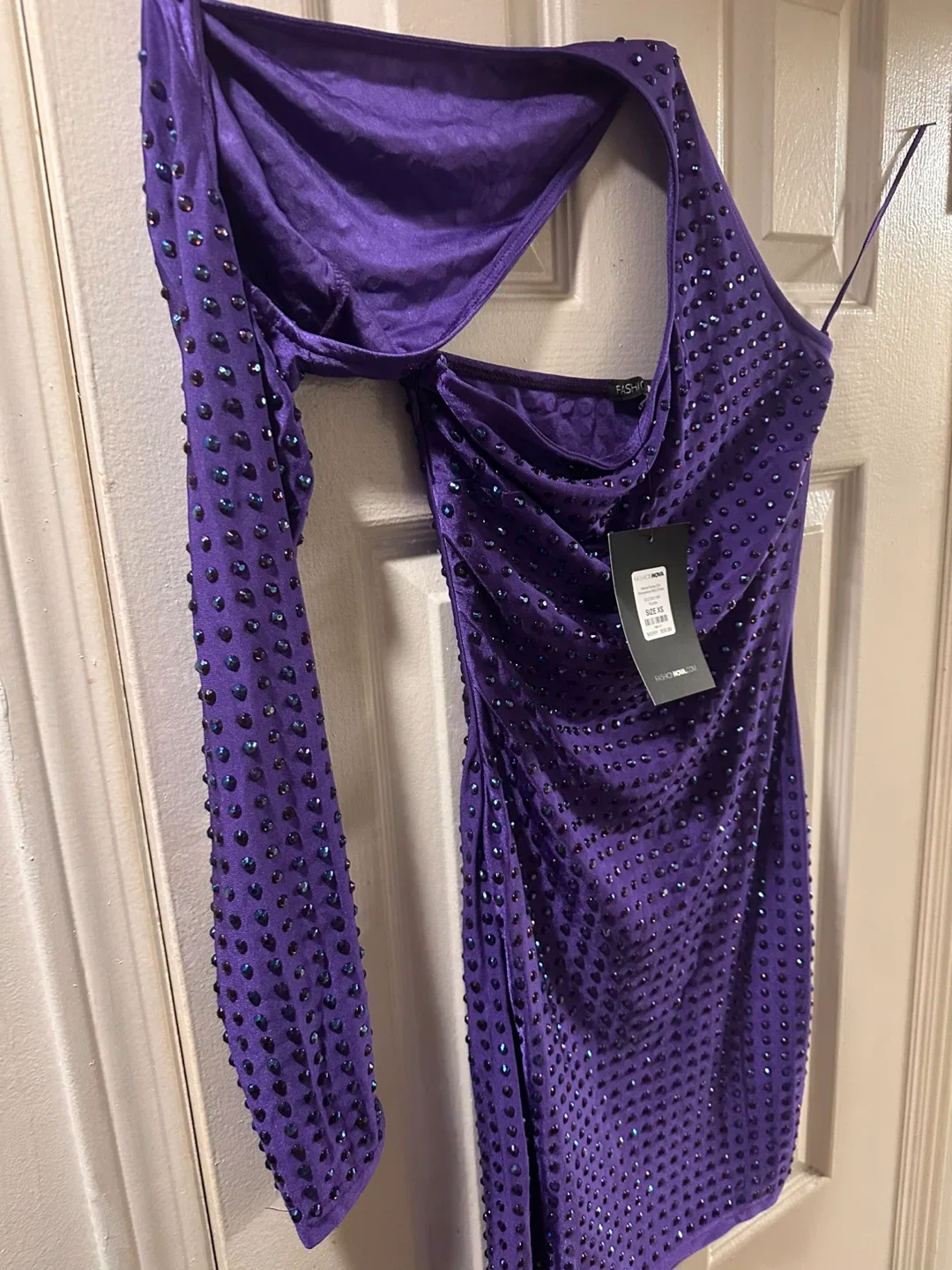 New Fashion Nova Going Out Rhinestone Dress XS Purple image indicator(4)