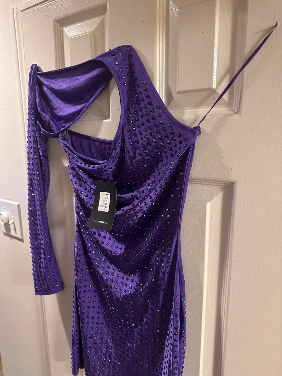New Fashion Nova Going Out Rhinestone Dress XS Purple image indicator(5)