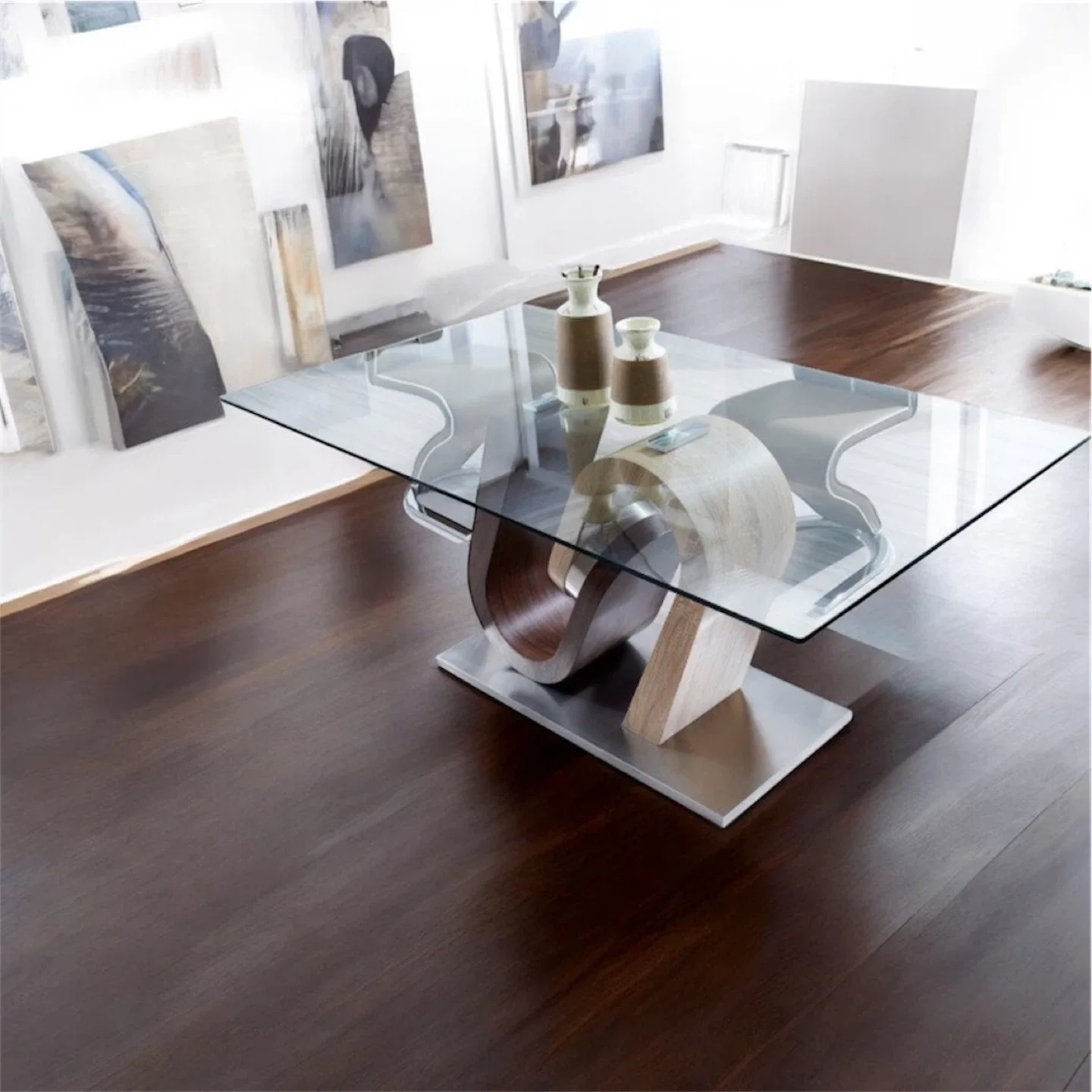 Glass Top Dining Table with Unique Wood Base image indicator(4)