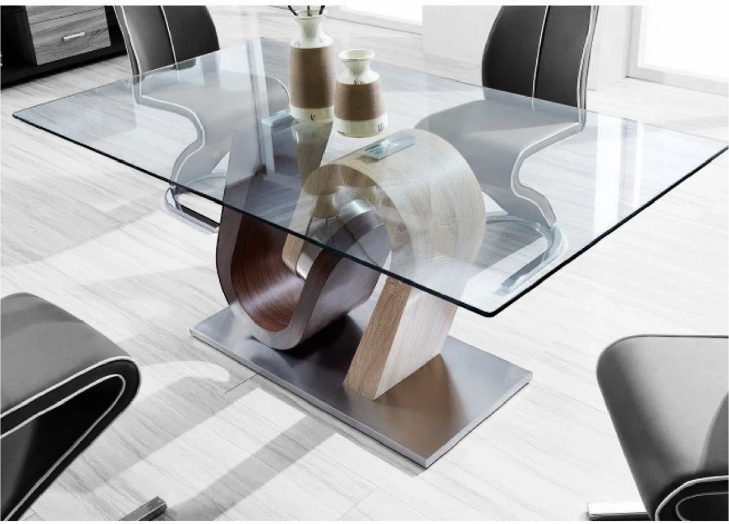 Glass Top Dining Table with Unique Wood Base image indicator(2)