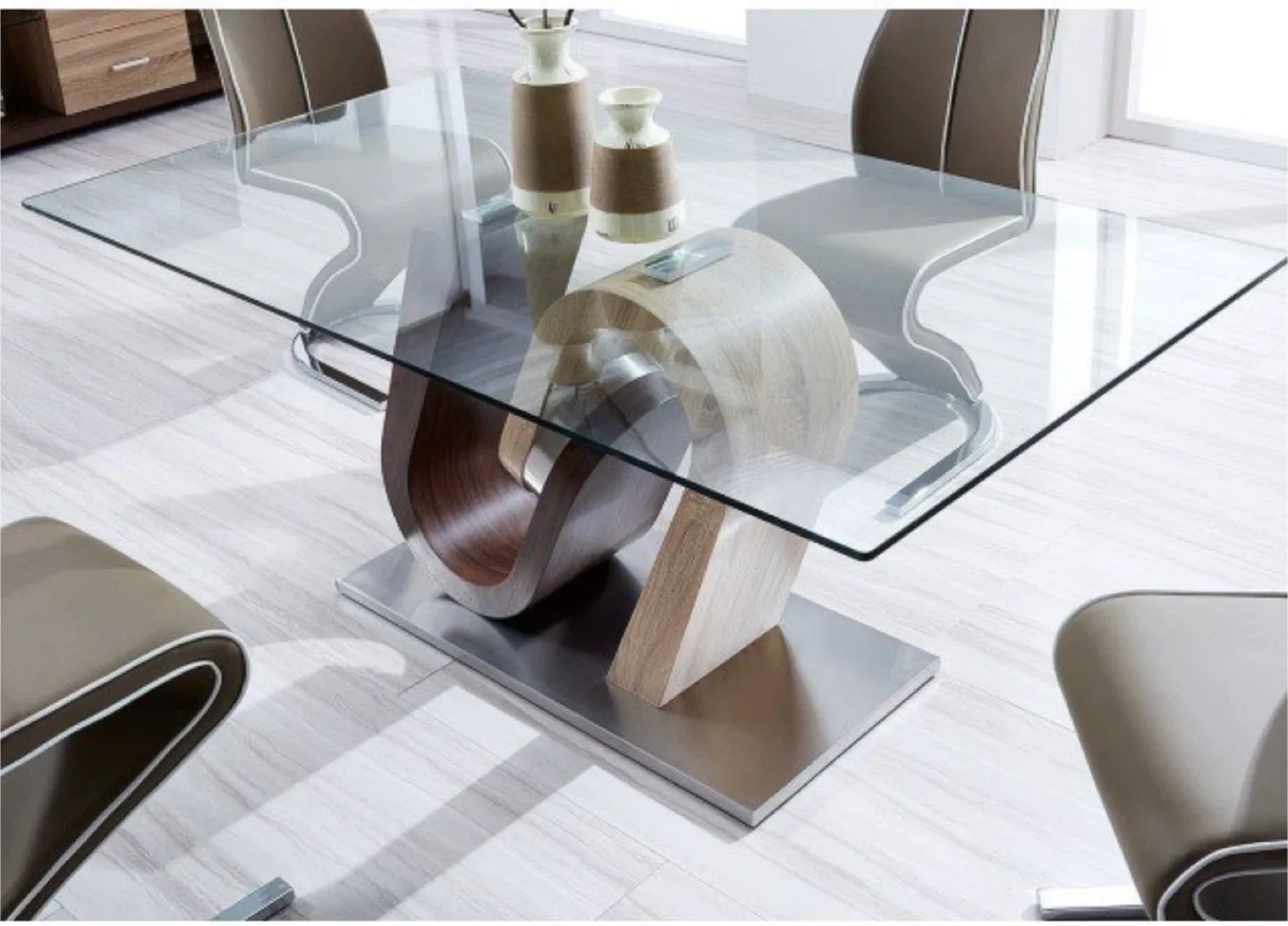 Glass Top Dining Table with Unique Wood Base image indicator(6)