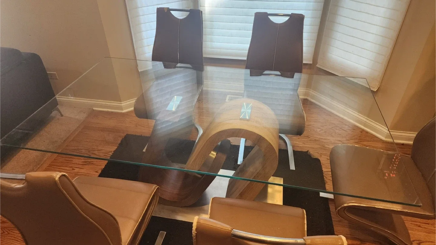 Glass Top Dining Table with Unique Wood Base image indicator(8)