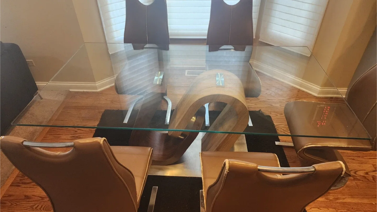 Glass Top Dining Table with Unique Wood Base image indicator(9)