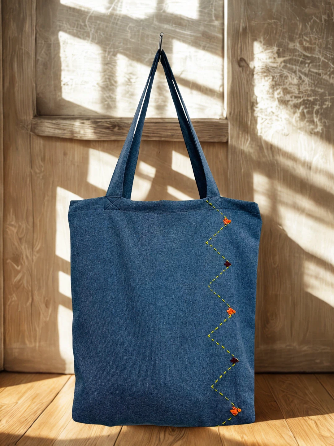 Blue Denim Tote Bag with Embroidery