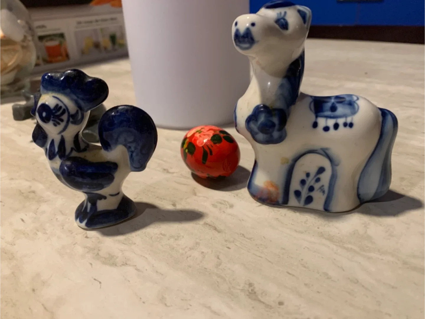 Vintage Gzhel Porcelain Rooster and Horse Figurines thumbnail