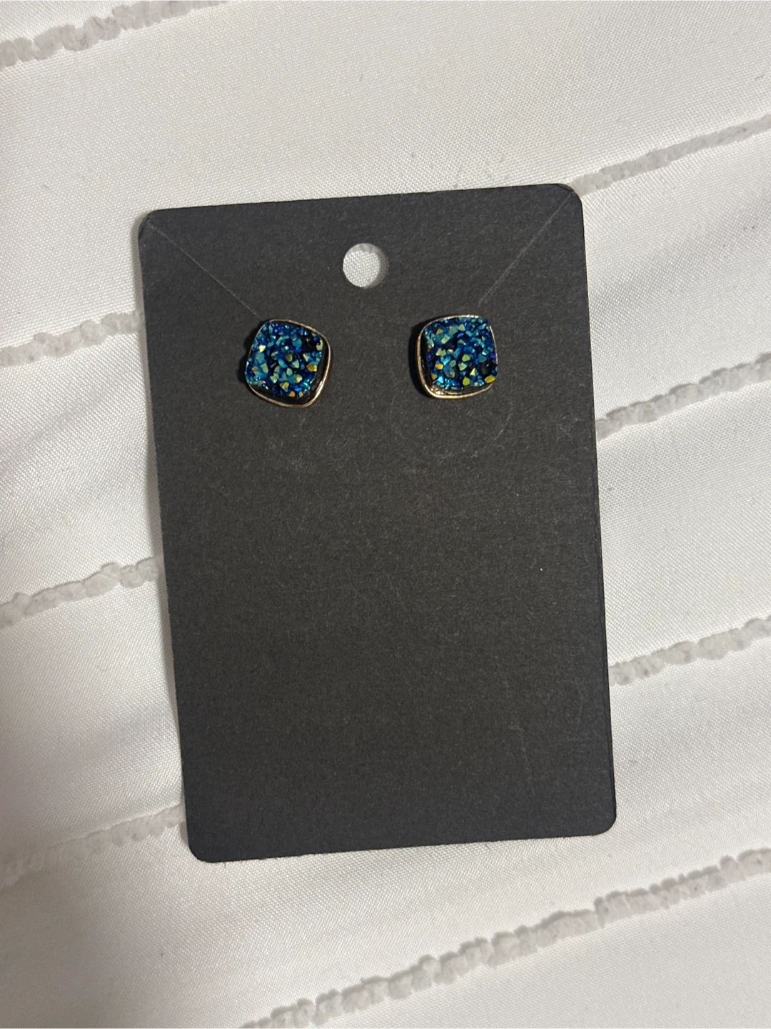 Blue Druzy Square Stud Earrings