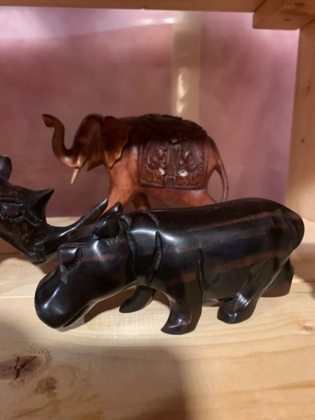 Wooden Animal Carvings - Elephant, Rhino, Hippo thumbnail