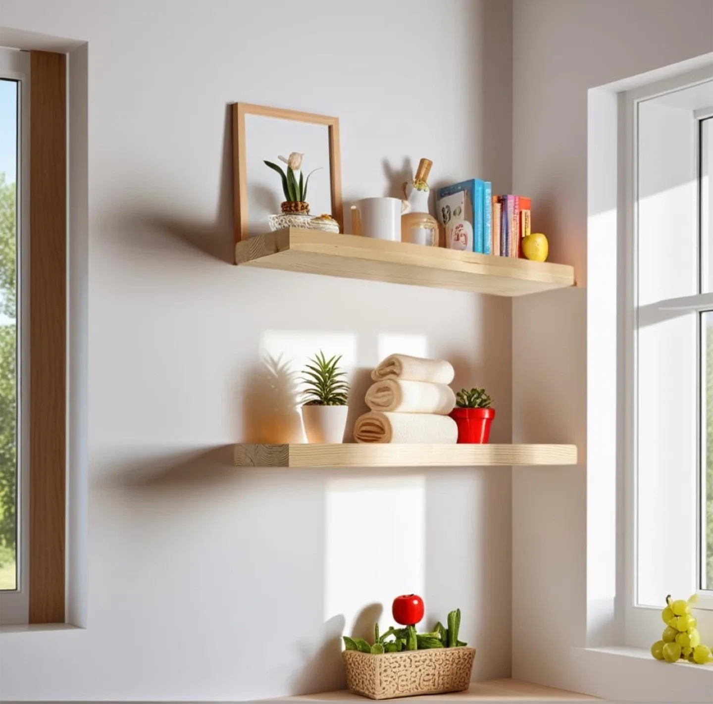 2 Pc Natural Pine Wooden Floating Shelves - BNIB image indicator(2)