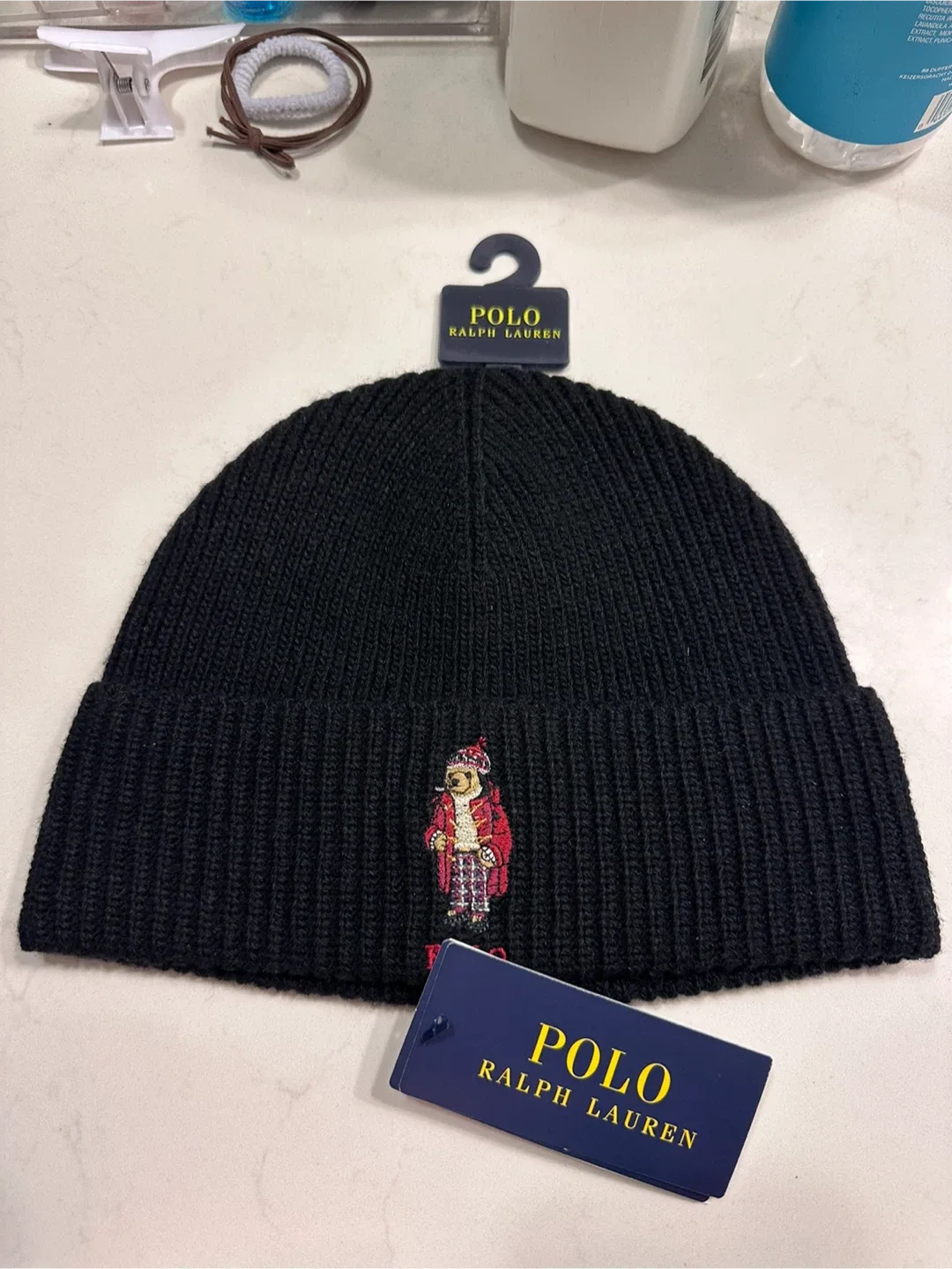 New Polo Ralph Lauren Bear Rib-Knit Black Beanie - One Size thumbnail