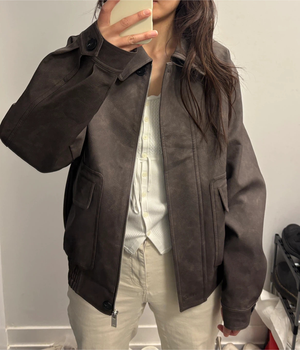 Brown Faux Leather Bomber Jacket - photo 3