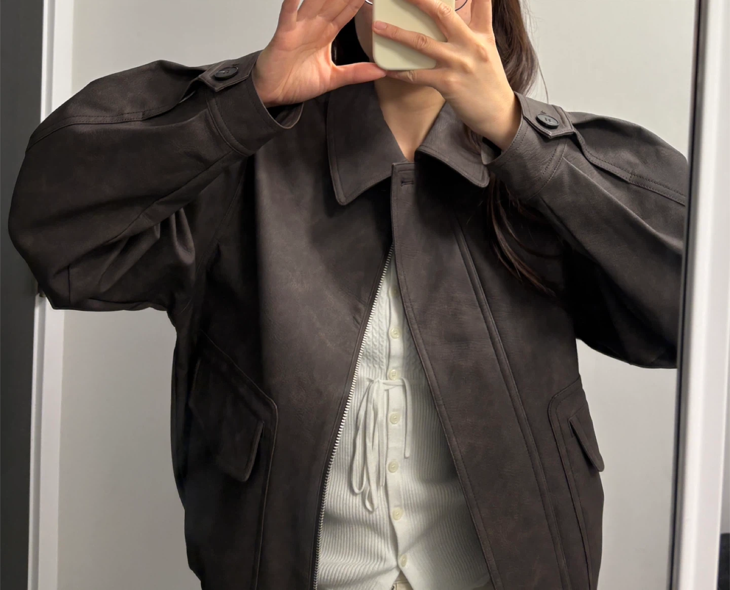 Brown Faux Leather Bomber Jacket