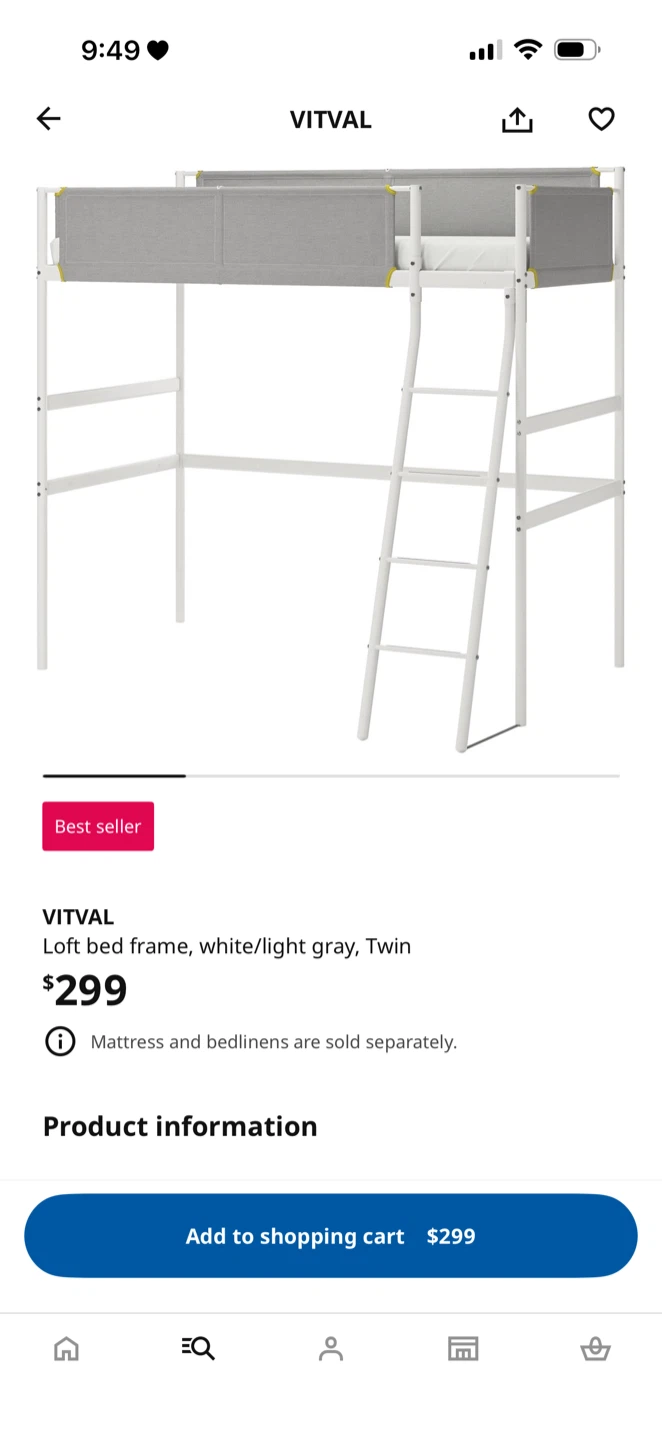 IKEA VITVAL Loft Bed Frame - White/Light Gray, Twin - photo 3