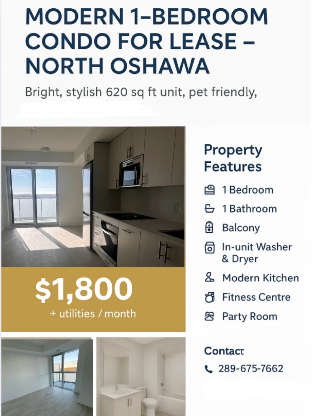 Modern 1-Bedroom Condo for Lease - North Oshawa