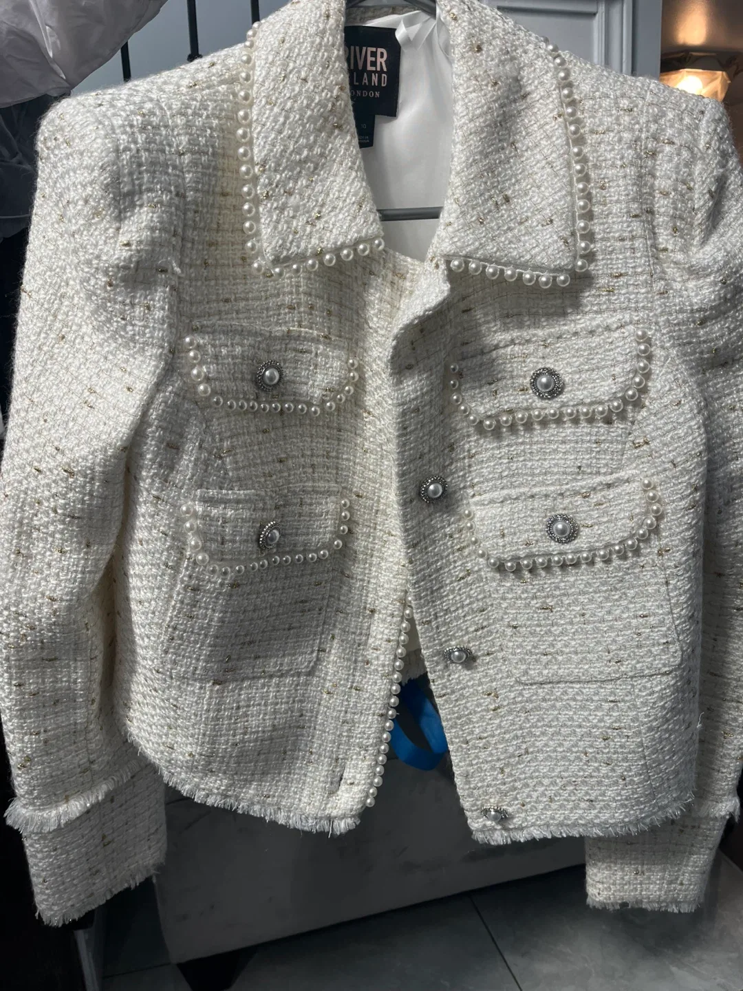 New River Island Pearl Embellished Tweed Jacket - Size 10 thumbnail