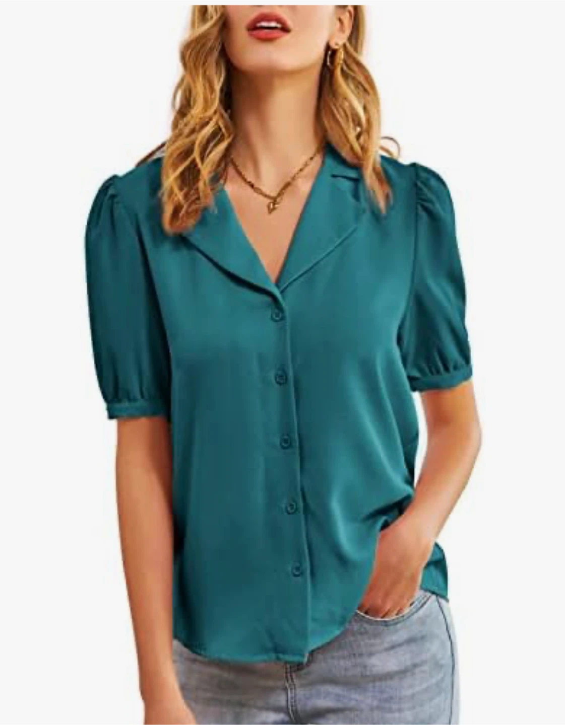 NEW! Grace Karin Teal Button-Down Blouse