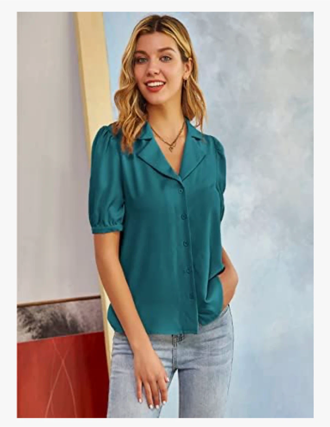 NEW! Grace Karin Teal Button-Down Blouse - photo 2