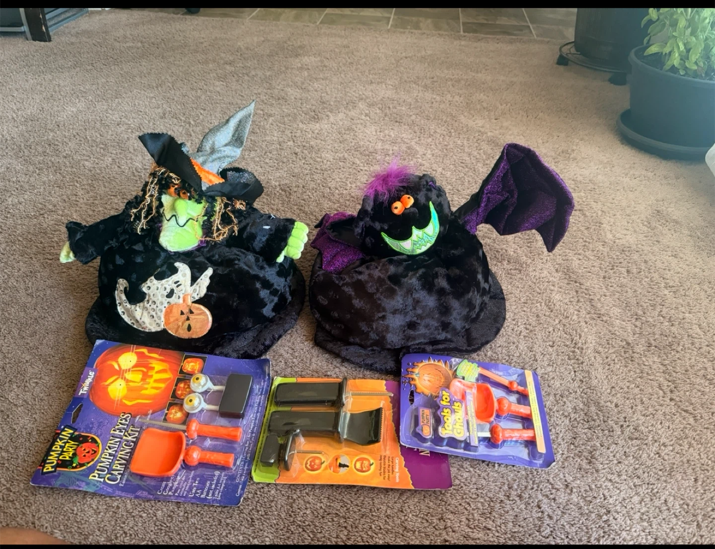 Halloween Witch & Bat Decorations + Pumpkin Carving Kits