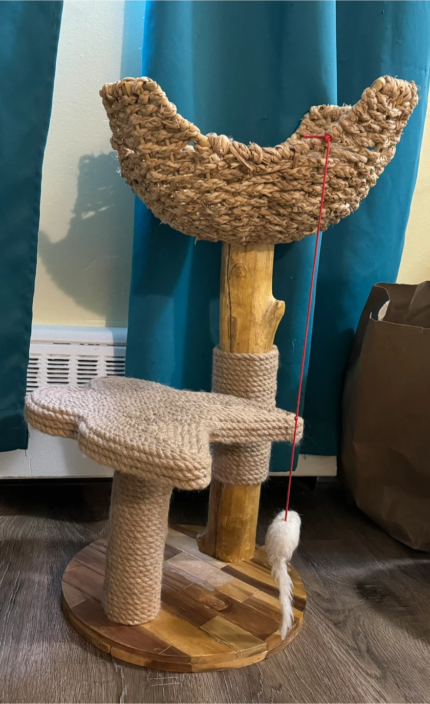 Cat Tree with Woven Basket and Toy