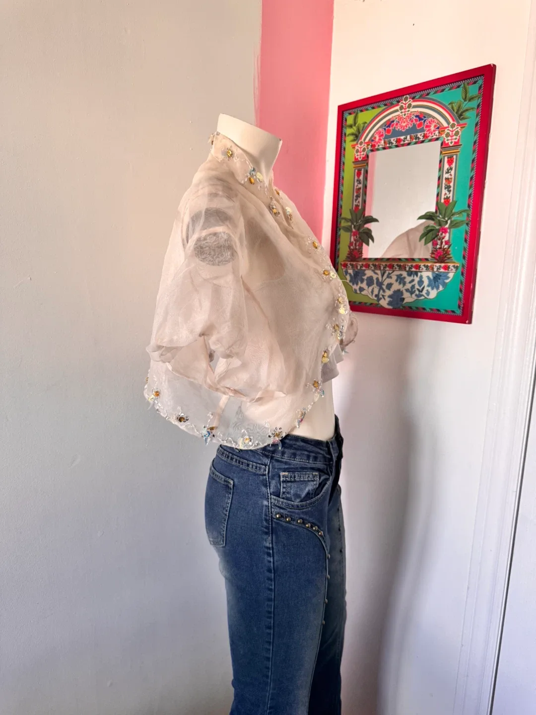 Sheer Cropped Embellished Cardigan image indicator(2)