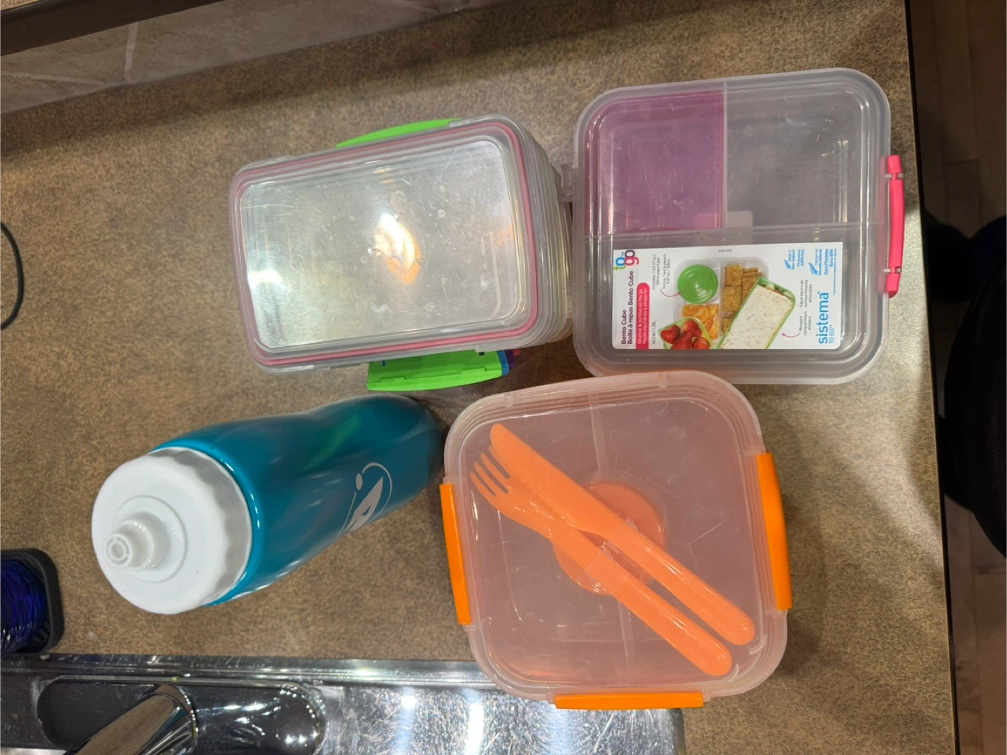Containers and a water bottle