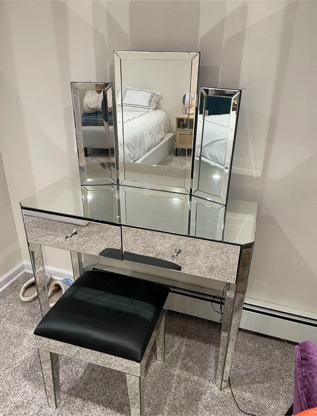 Mirrored Vanity Set with Tri-Fold Mirror & Stool