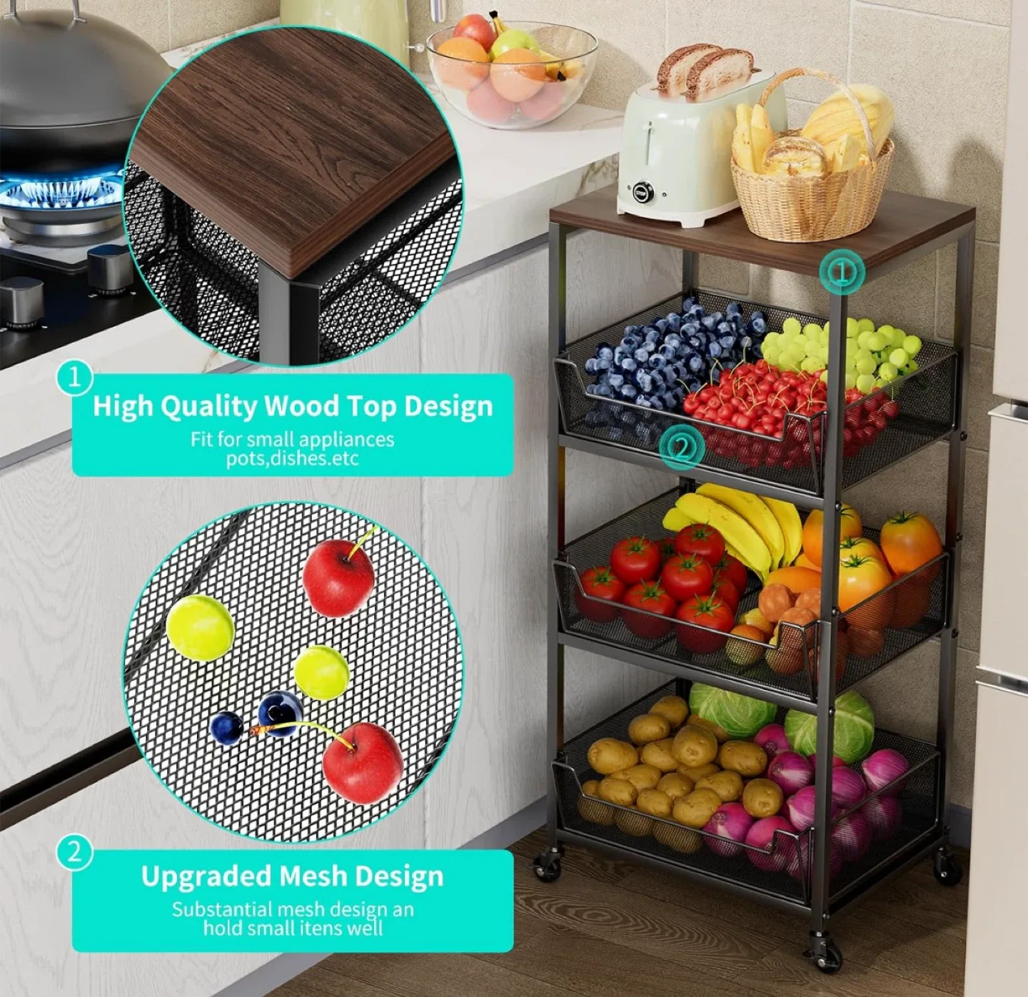 4-Tier Rolling Utility Cart with Wood Top image indicator(3)