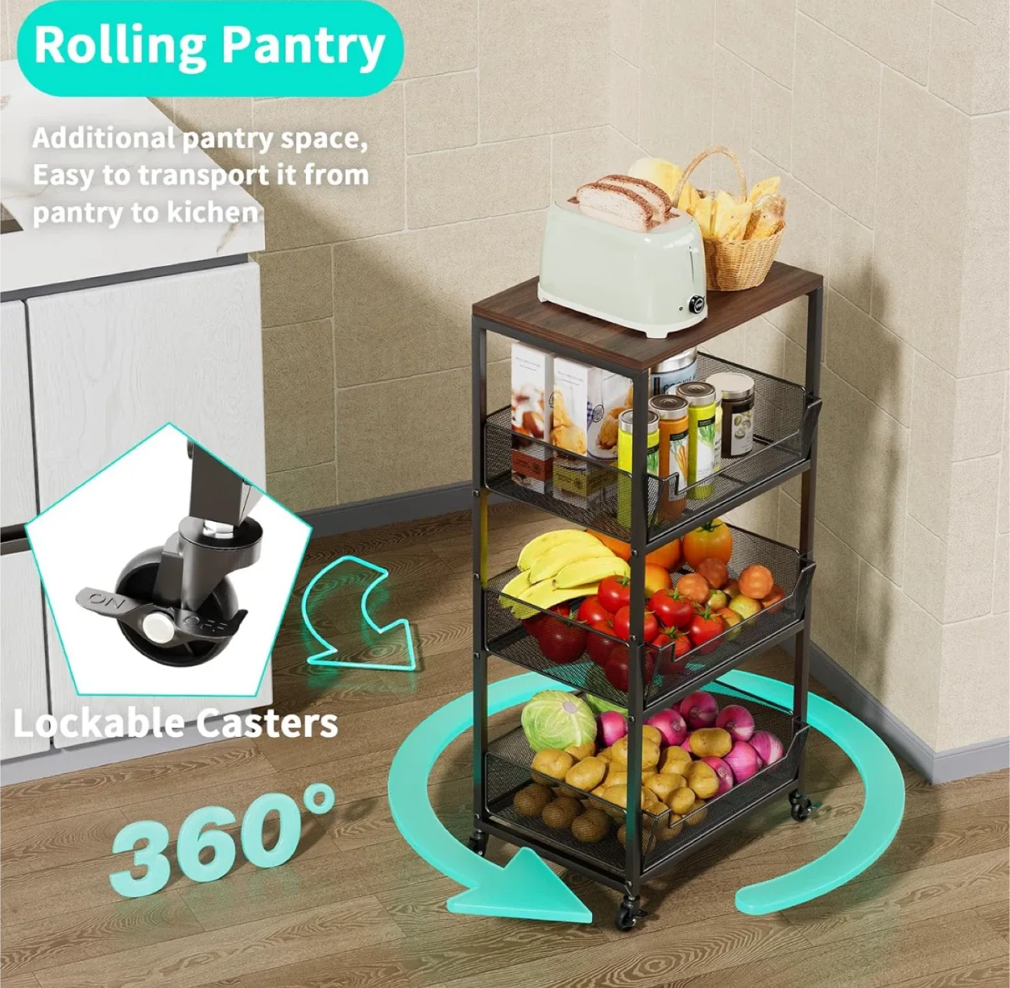 4-Tier Rolling Utility Cart with Wood Top image indicator(7)