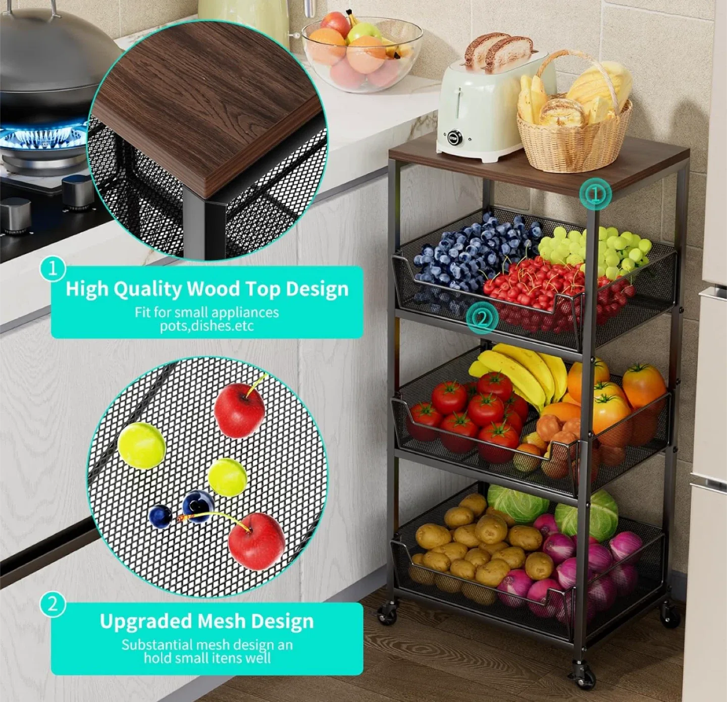 4-Tier Rolling Utility Cart with Wood Top image indicator(5)