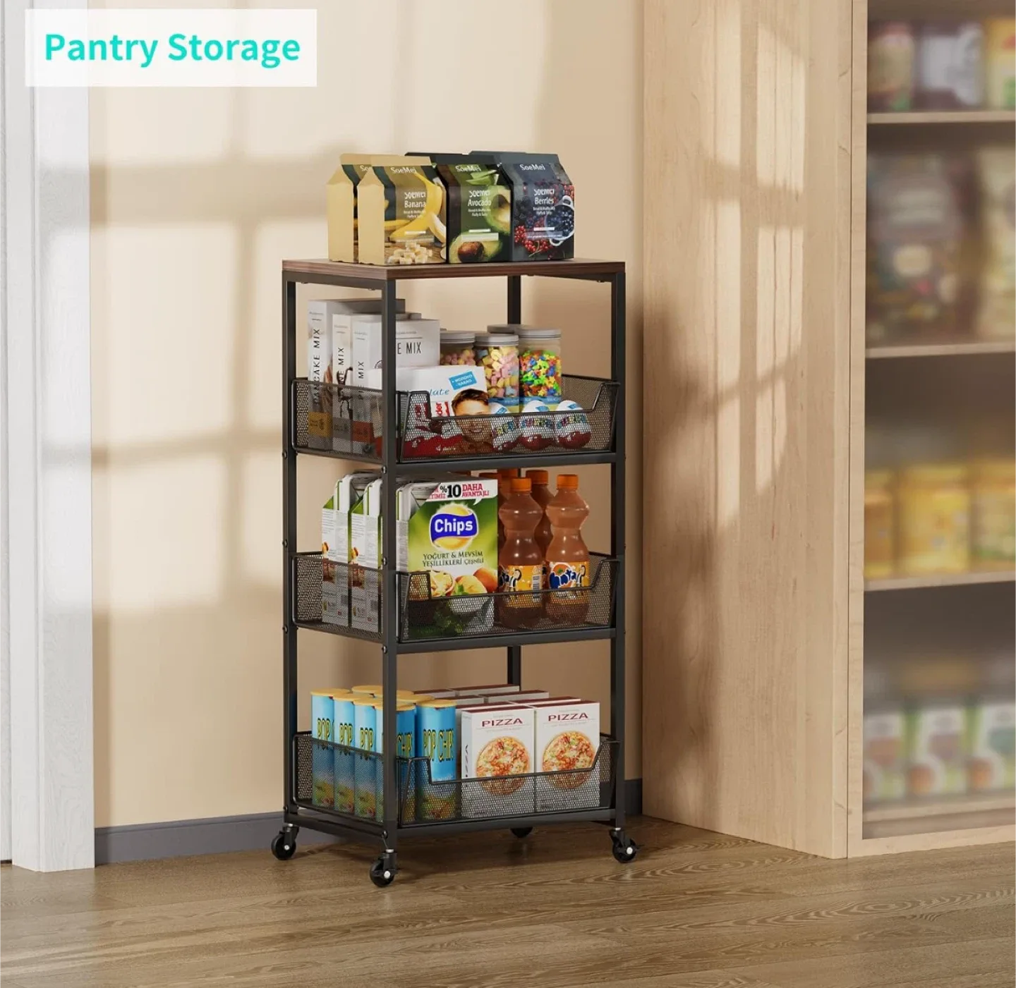 4-Tier Rolling Utility Cart with Wood Top image indicator(10)