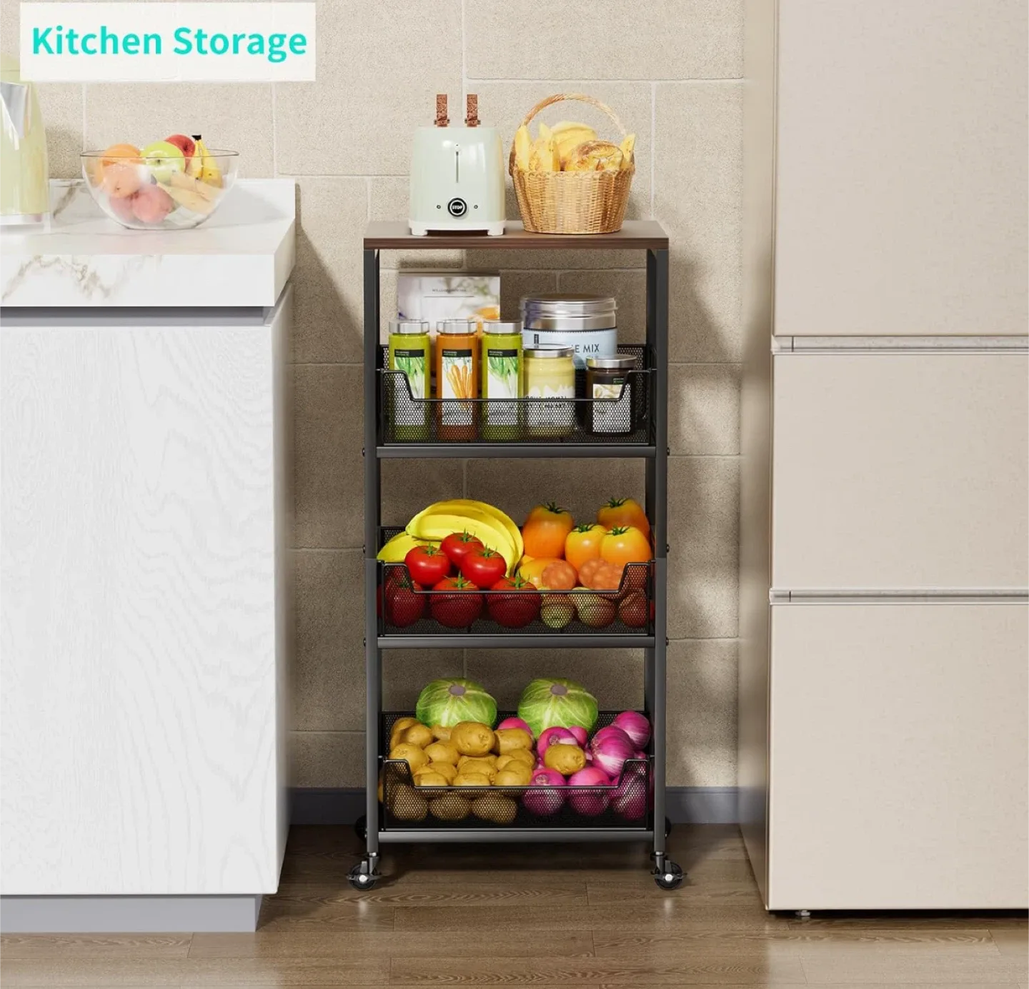 4-Tier Rolling Utility Cart with Wood Top image indicator(9)