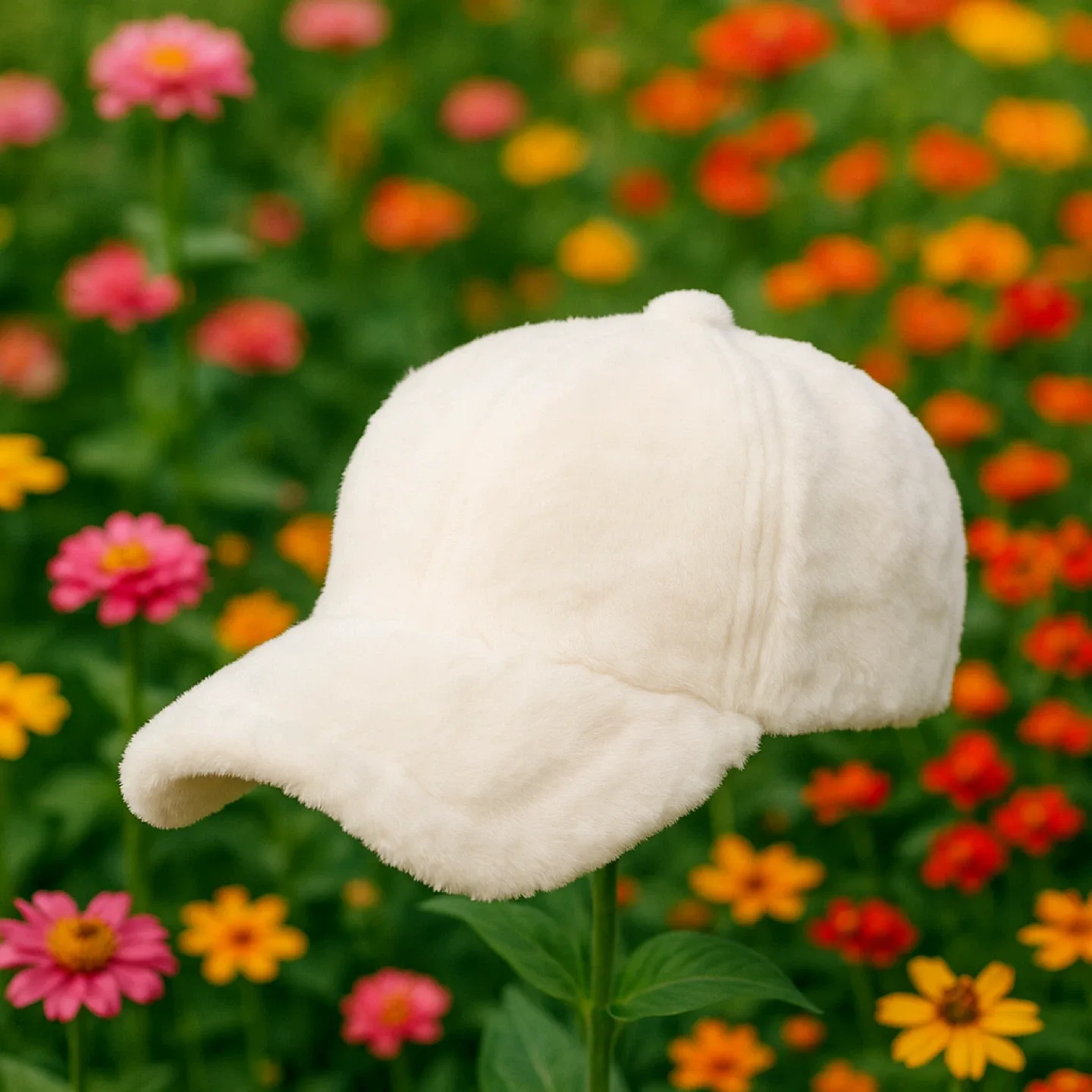 White Faux Fur Baseball Cap - New