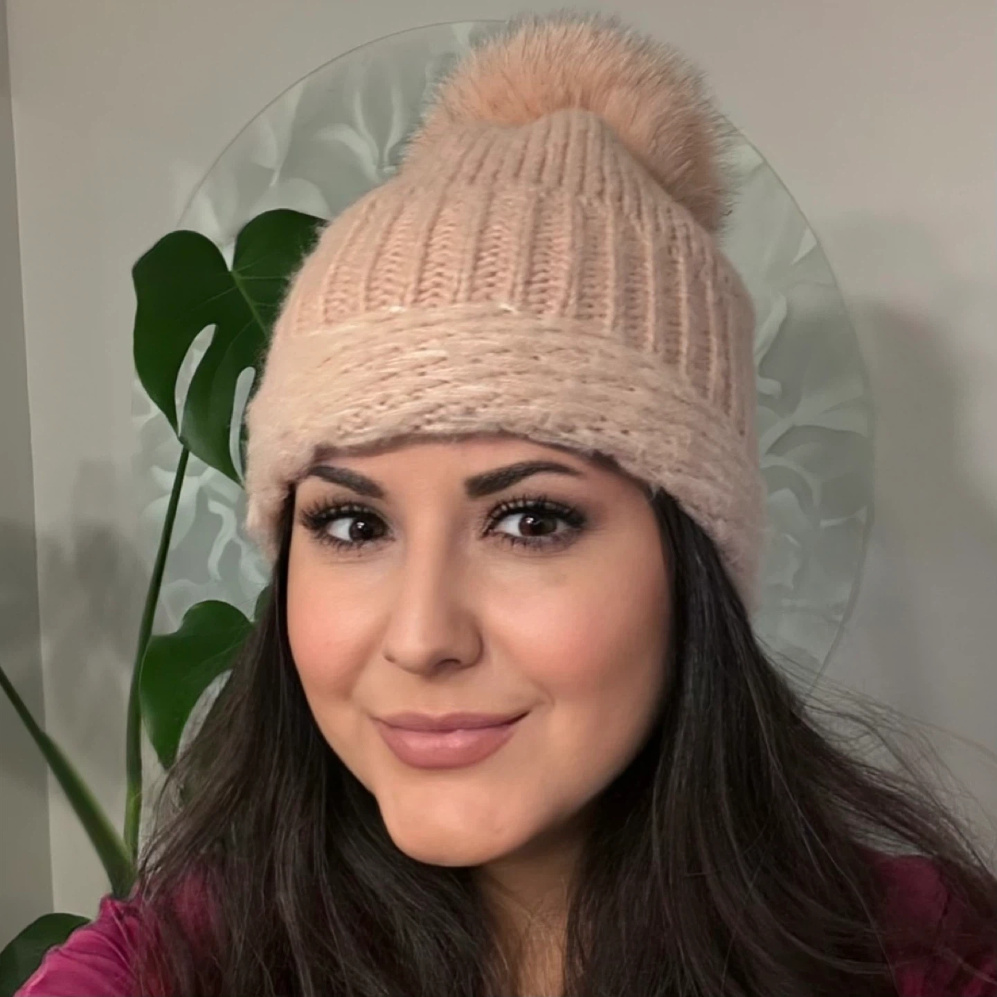 Kyi Kyi Blush Pink Pom Pom Tuque Wool Blend Knit Beanie Fox Fur