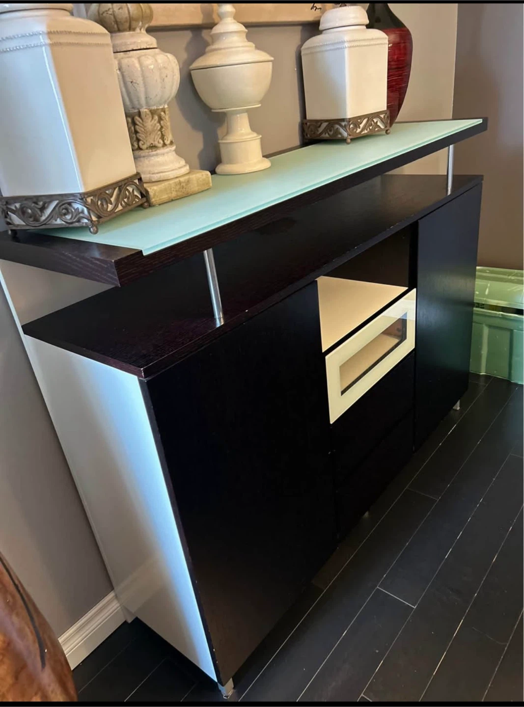 Black & White Bar Cabinet with Glass Top