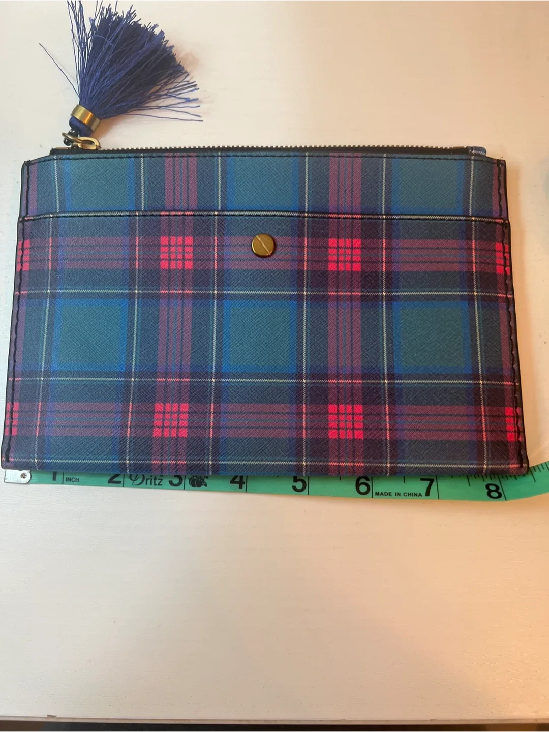 New Unused 100% Leather J.Crew Plaid Leather Pouch image indicator(6)