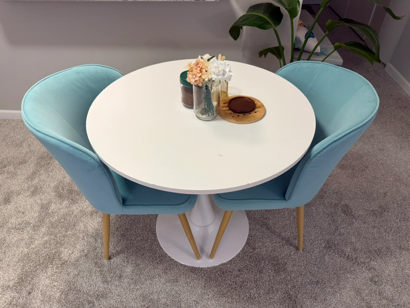 Round Dining Table with 2 Blue Chairs - photo 3