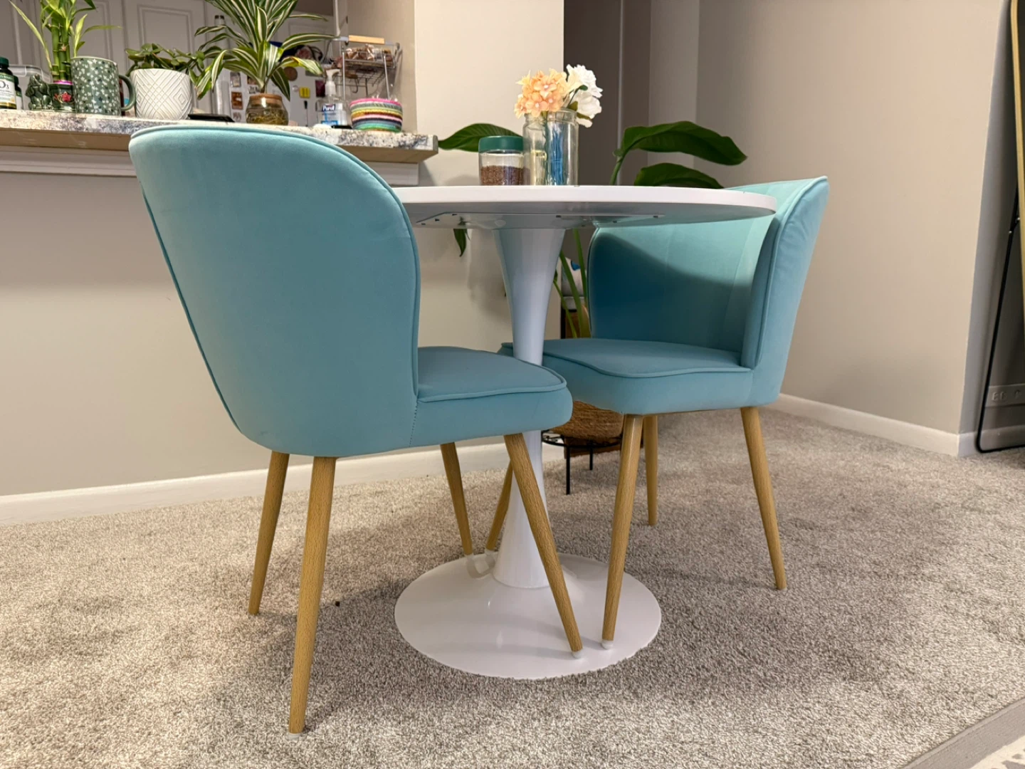 Round Dining Table with 2 Blue Chairs