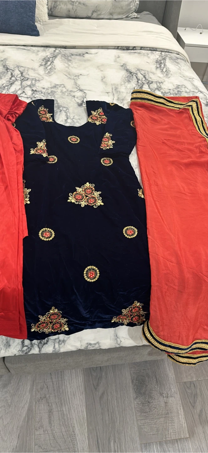 Salwar Kameez - Blue Velvet with Red Dupatta