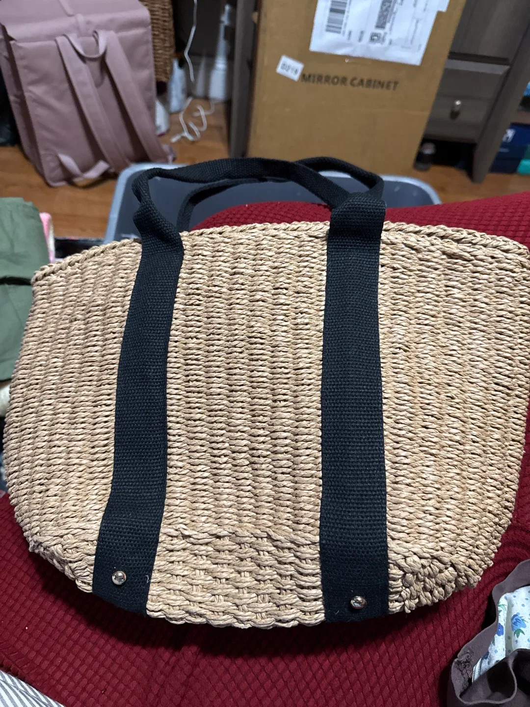 Woven Tote Bag with Black Straps