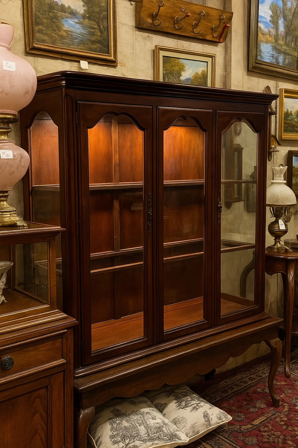 Vintage Lighted Display Cabinet - Solid Wood and Glass