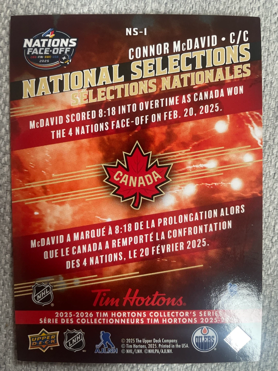 Connor McDavid Upper Deck Tim Hortons Hockey Card - photo 2