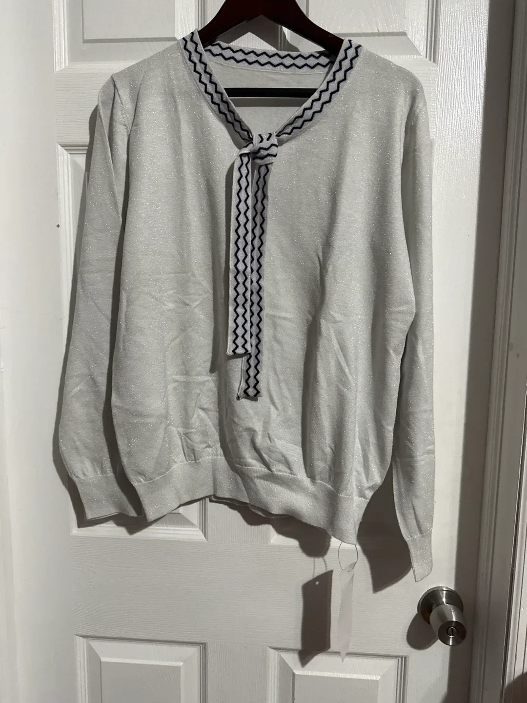 Silver glitter Long Sleeve Tie Neck Top