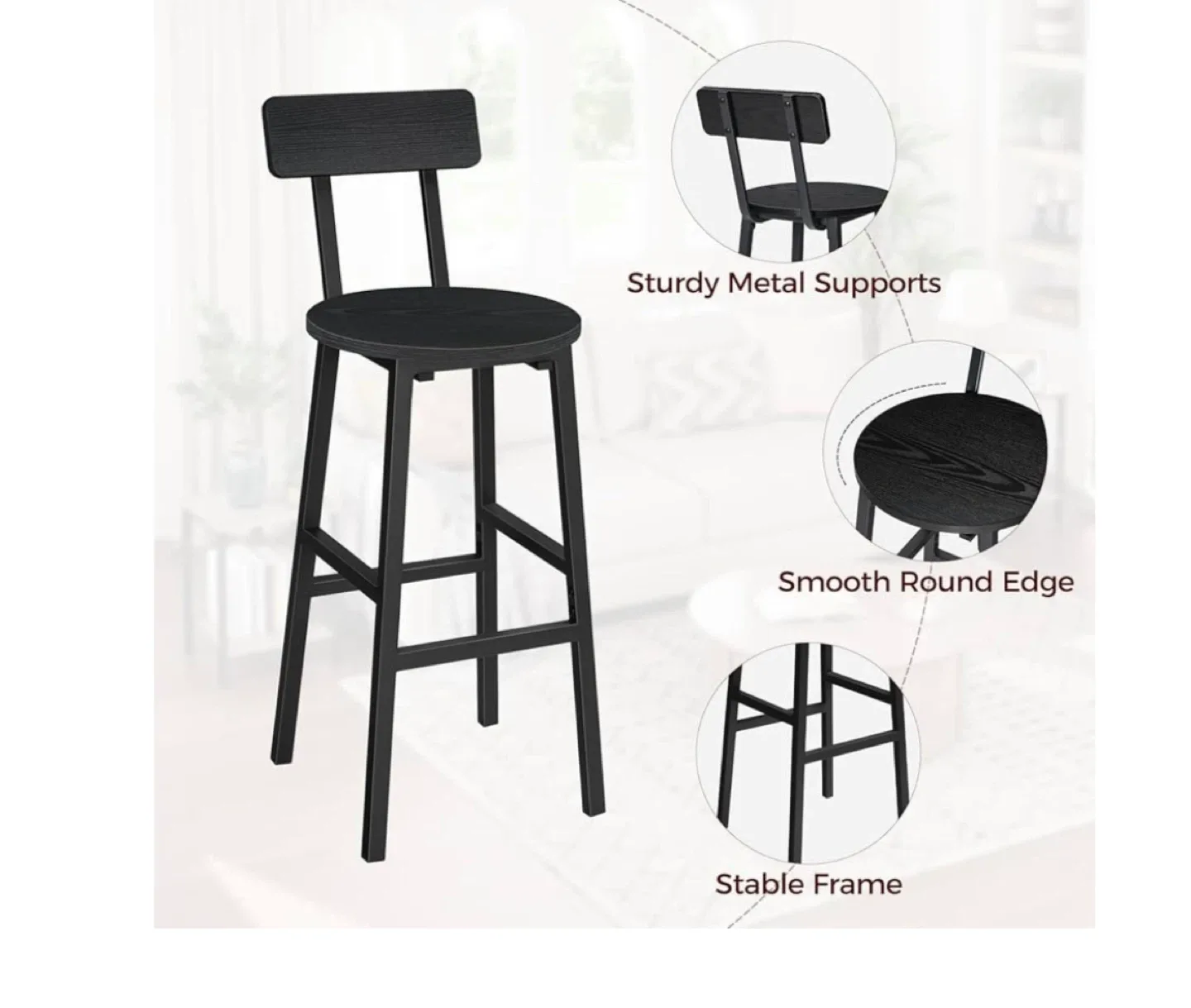 Set of 2 Black Bar Stools - 33.7" Height image indicator(5)