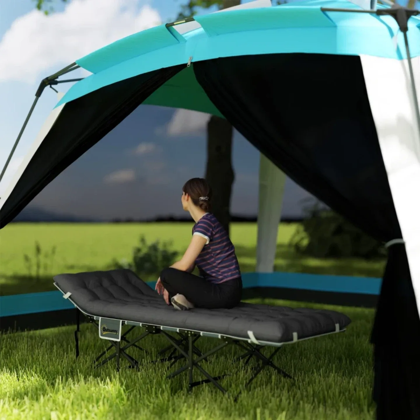 Outsunny Wide Folding Bed, Camping Cot with Mattress image indicator(8)