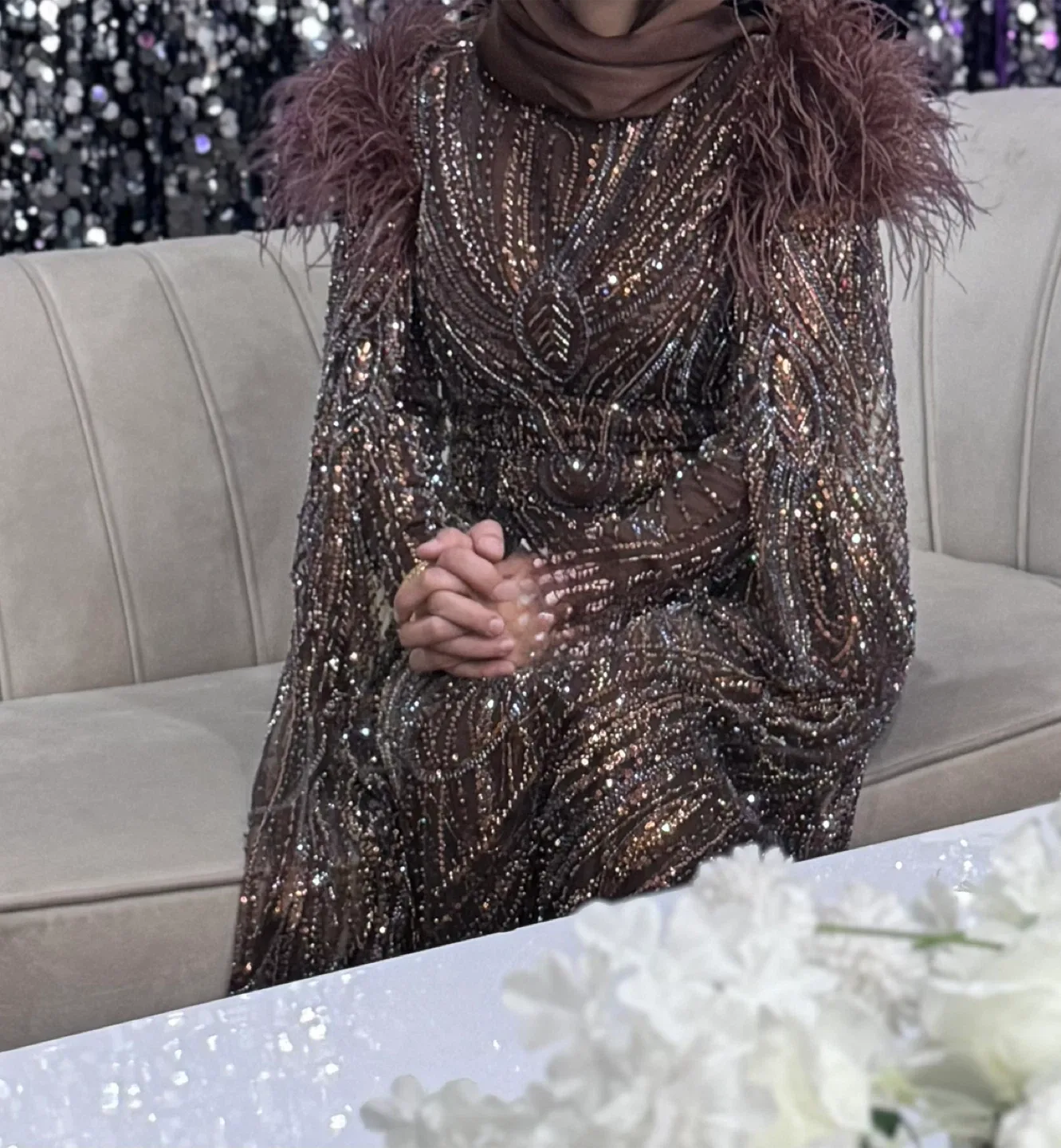 Brown Embellished Feather Shoulder Gown image indicator(3)