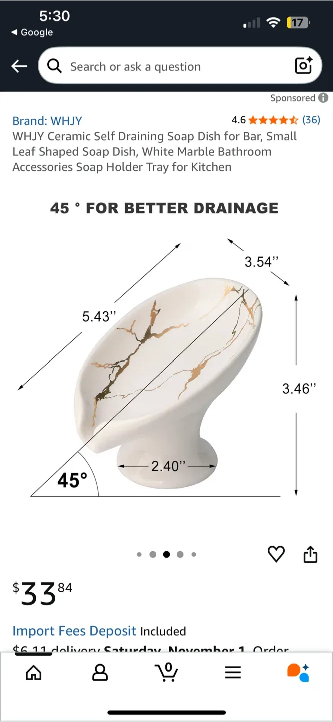 Ceramic Self Draining Soap Dish - White Marble/Gold image indicator(3)