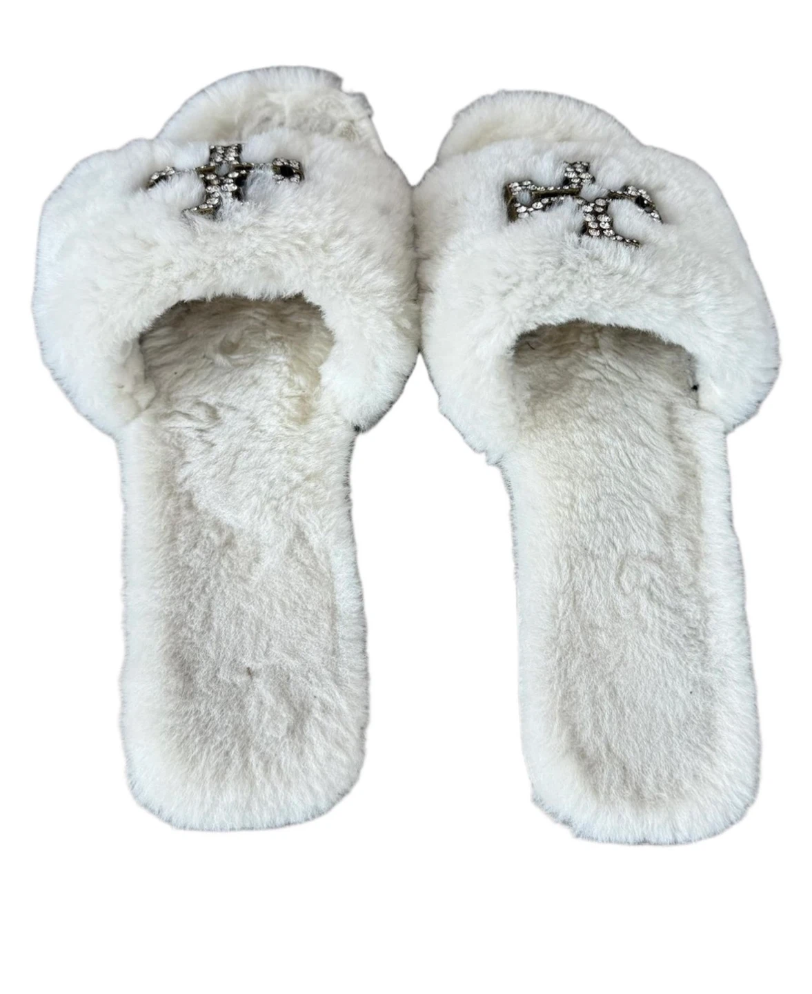 Tory Burch White Furry Slippers 6.5
