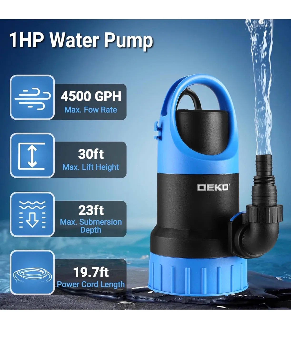 DEKO 1HP 4500 GPH Submersible Water Pump image indicator(2)