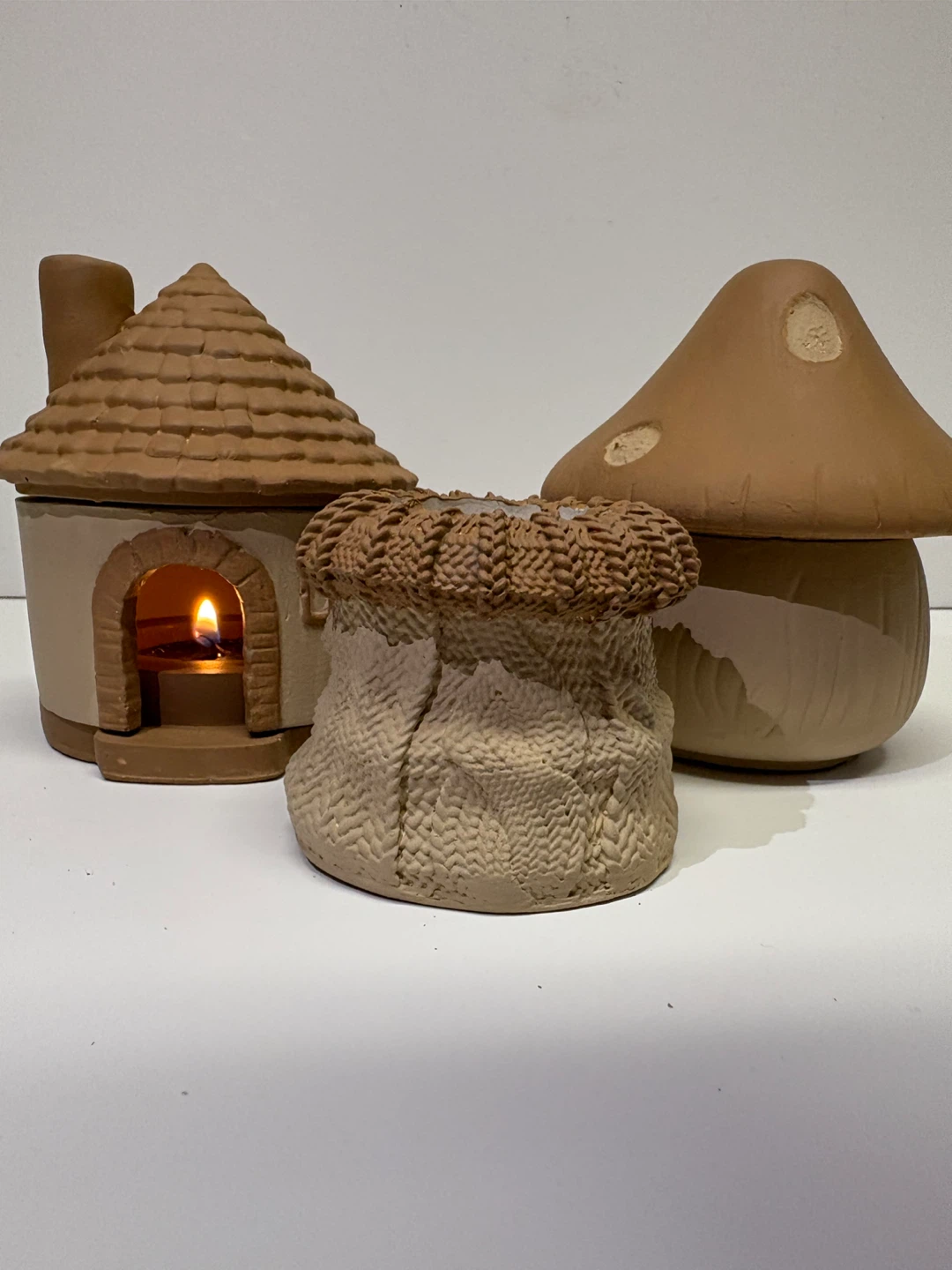 Handmade village house candle holder, mushroom box, knitted box