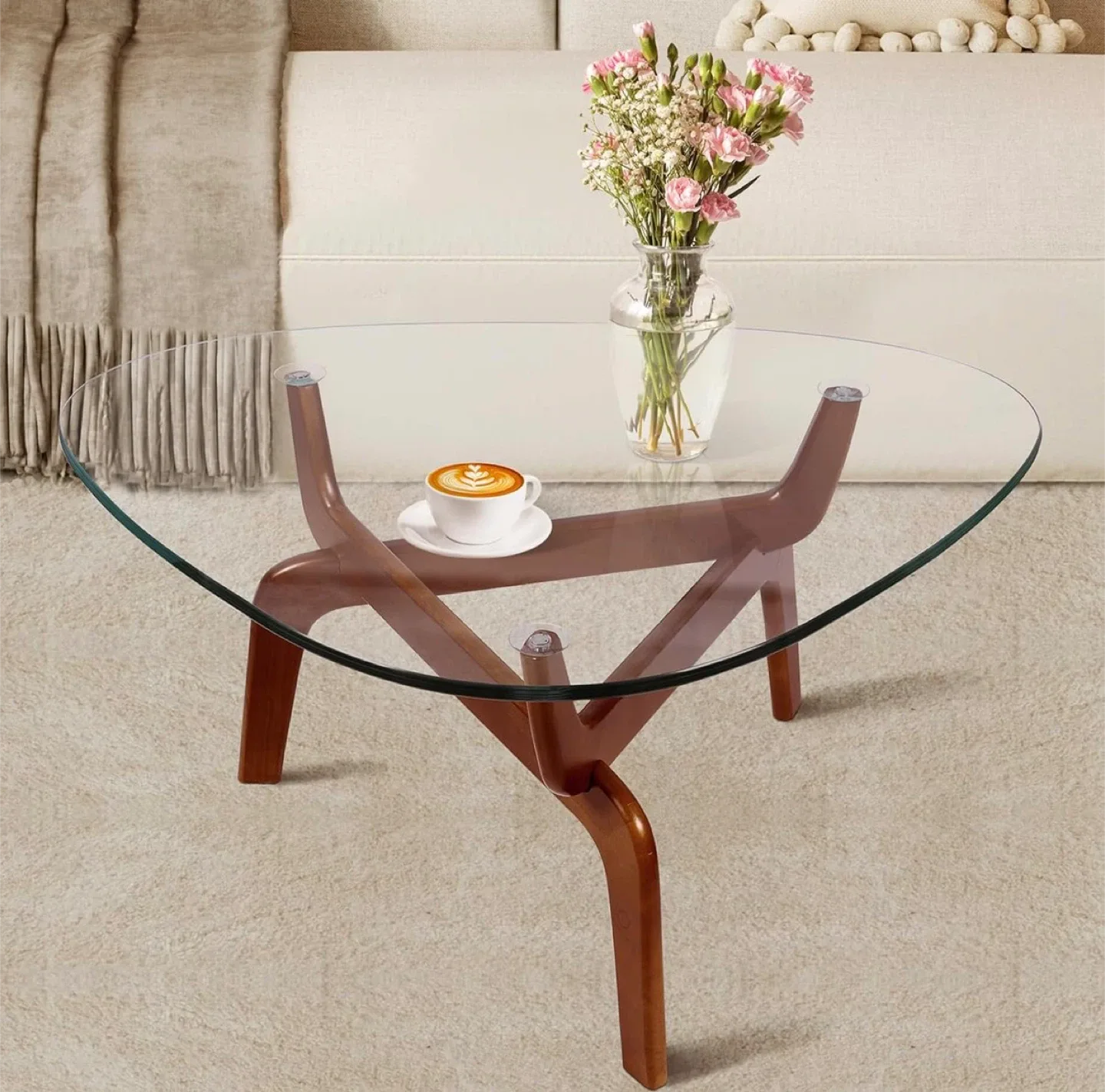 Triangle Glass Coffee Table w/ Wood Legs